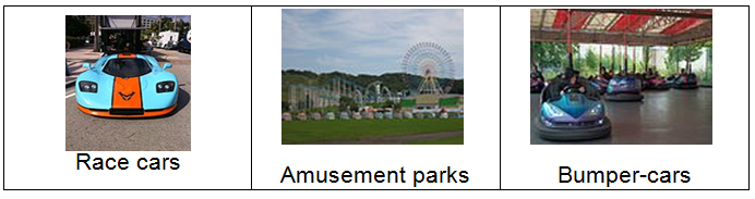 3 Answers. From the left: A Racecar with same text. An amusement park with same text, Bumper-cars with same text.