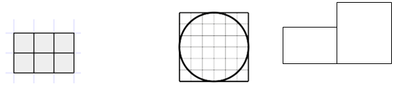 Theses images depict three shapes that students may need to find the area for.  The left image is a square that is divided into a grid.  The middle image is circle that is overlayed with a grid and the right image is two polygons without a grid.