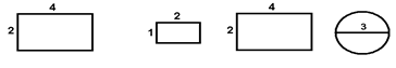 Four shapes from left to right: a 2 by 4 rectangle, a 1 by 2 rectangle, a 2 by 4 rectangle, and an oval with a diameter of 3.
