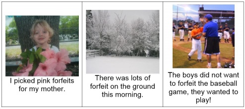 3 Answers from the left: A girl holding pink flowers with text "I picked pink forfeits for my mother." A snowy landscape with text "There was lots of forfeit on the ground this morning.  A baseball game with text "The boys did not want to forfeit the baseball game, they wanted to play!"