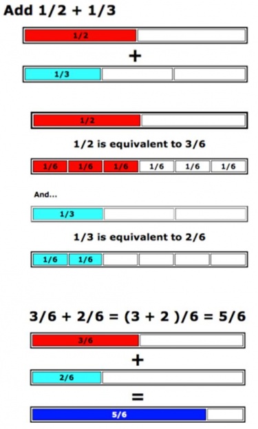 Visual example to add 1/2 and 1/3 by converting them to 3 sixths and 2 sixths respectively.