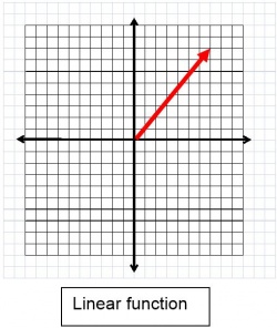 A line on a graph starting at (0,0) and rising with a slope of 1