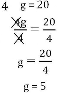 Steps to solving 4*g=20. 1. Divide both sides by 4. 2. Simplify to get g=5.